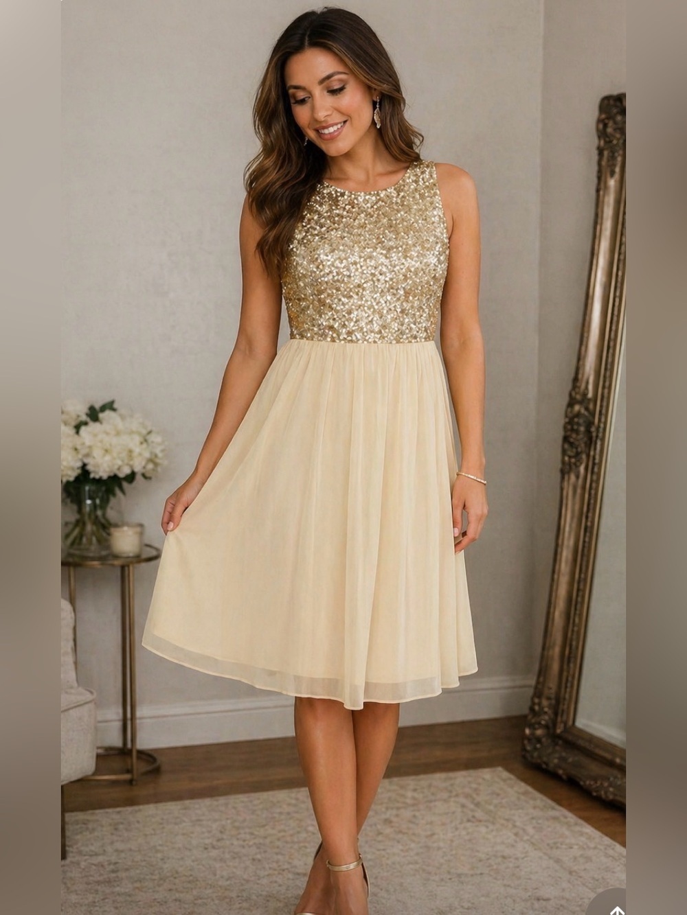 TFNC Gold Sequin & Cream Chiffon knee Dress –Small – Elegant Formal Evening Gown